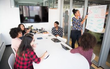 Team of diverse professionals participating in a corporate wellness brainstorming session, fostering collaboration and innovative thinking."