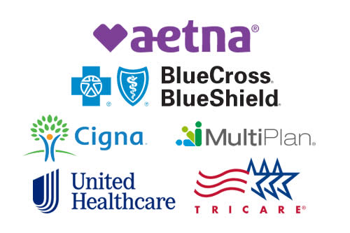 insurance logos for: Aetna, Blue Cross Blue Shield, Cigna, PHCS/Multiplan, Tricare, and United Healthcare.
