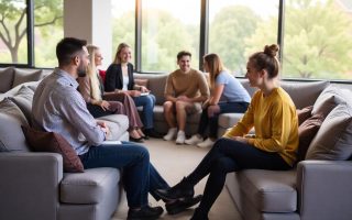 Group of young adults engaged in a supportive discussion during a therapy or counseling session in a bright, comfortable space